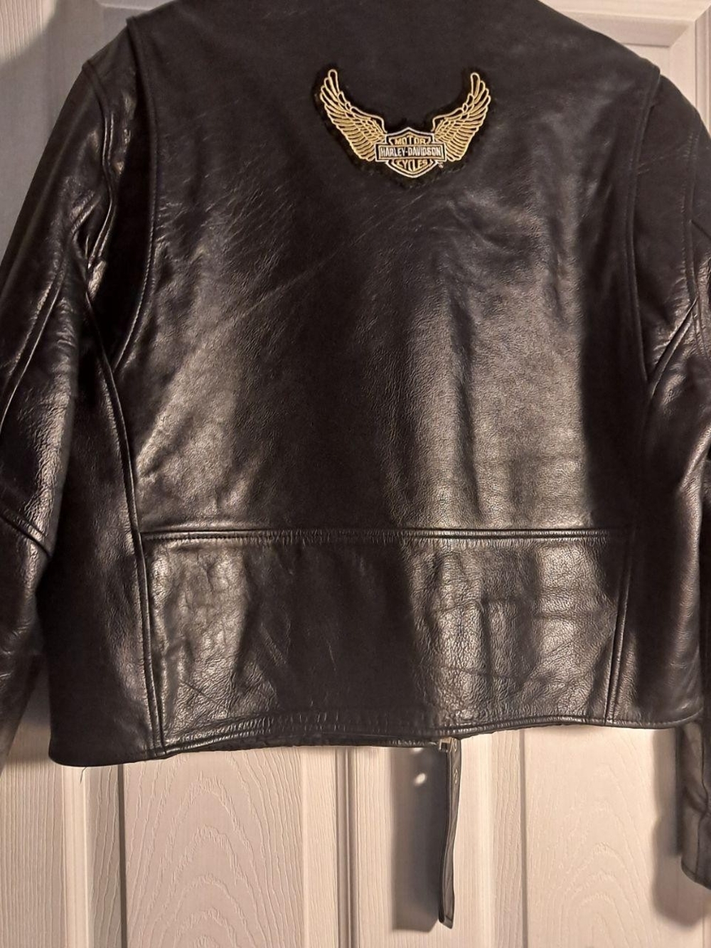FMC 80s MENS Harley-Davidson Black Leather Jacket with Gold Wing Patch size XL